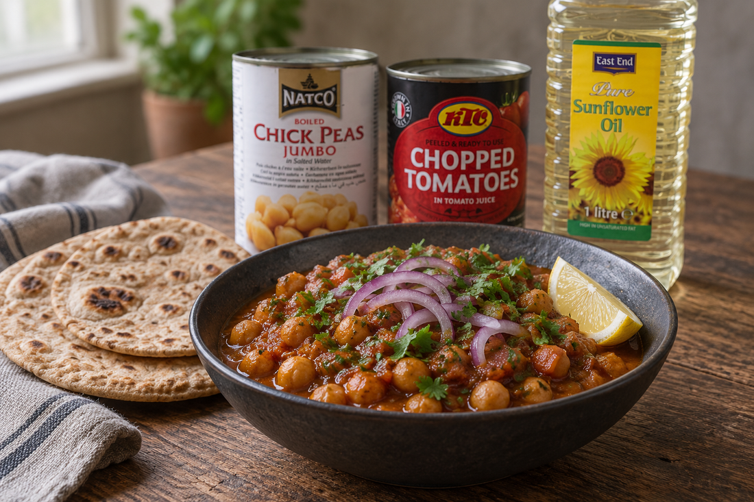 Chana masala from the tin, cooked and plated