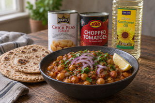 Chana masala from the tin, cooked and plated