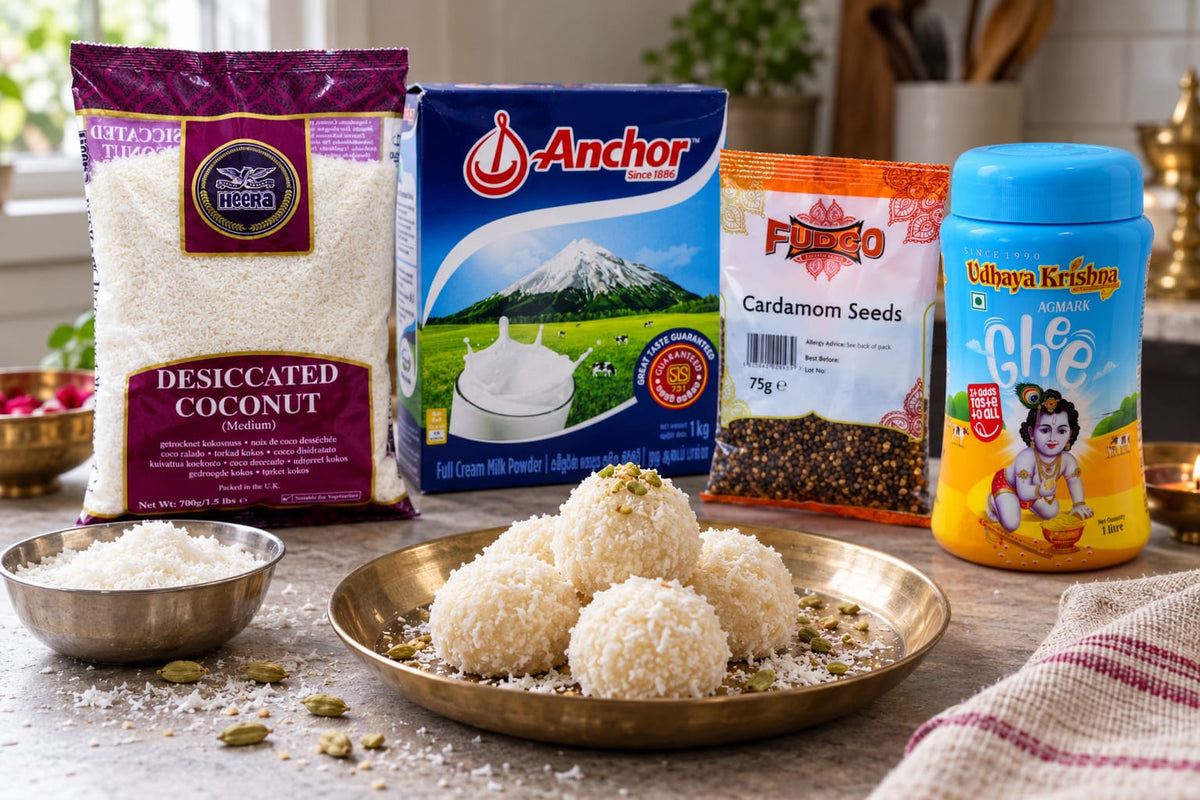 Coconut ladoo, cooked and plated