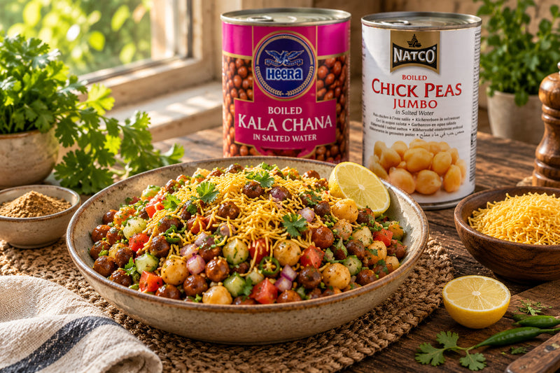 Kala chana chaat topped with sev and lemon in a ceramic bowl, beside tins of Heera boiled kala chana and Natco chick peas jumbo