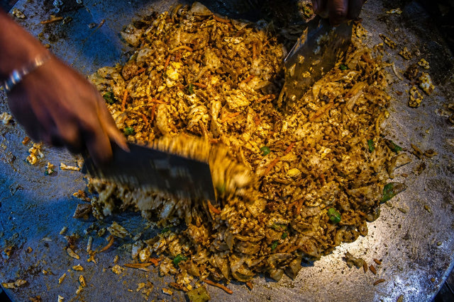 Kottu roti from frozen porotta, cooked and plated