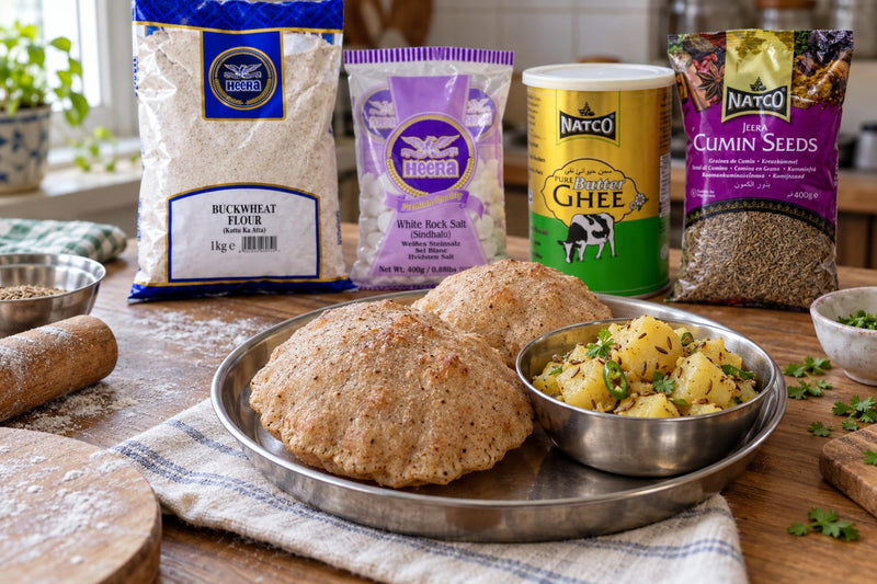 Kuttu ki puri with vrat aloo, cooked and plated