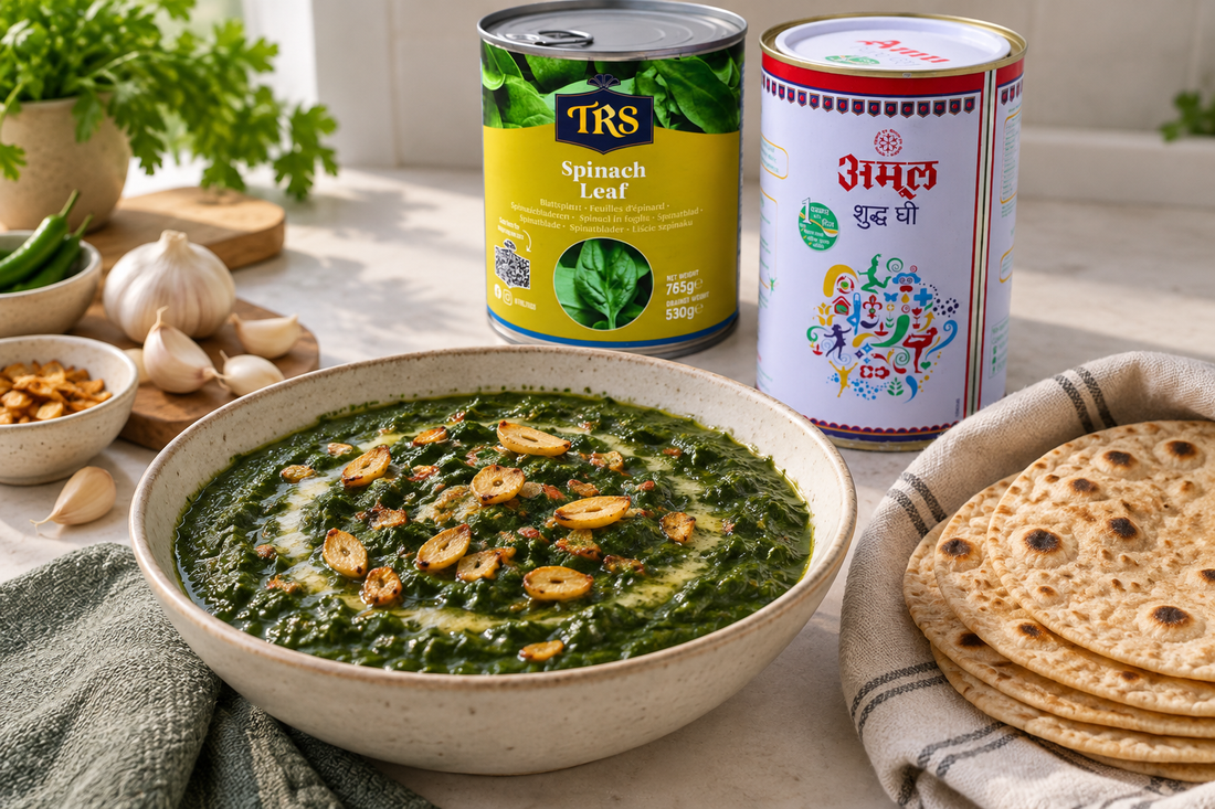 Lasooni palak (garlic spinach), cooked and plated