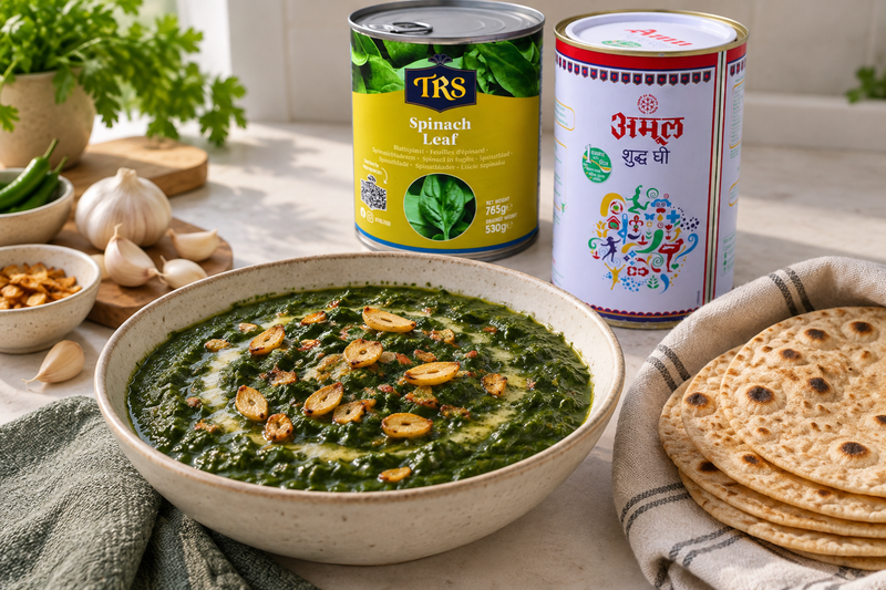 Lasooni palak (garlic spinach), cooked and plated