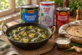Palak paneer in a cast iron karahi with rotis and yoghurt, beside tins of KTC spinach puree, Amul ghee and chopped tomatoes