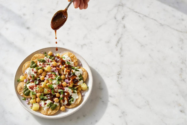Papdi chaat with chickpeas, cooked and plated