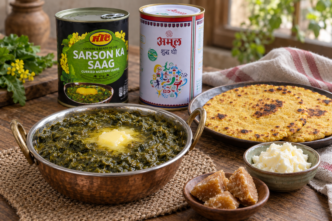Sarson ka saag with makki di roti, cooked and plated