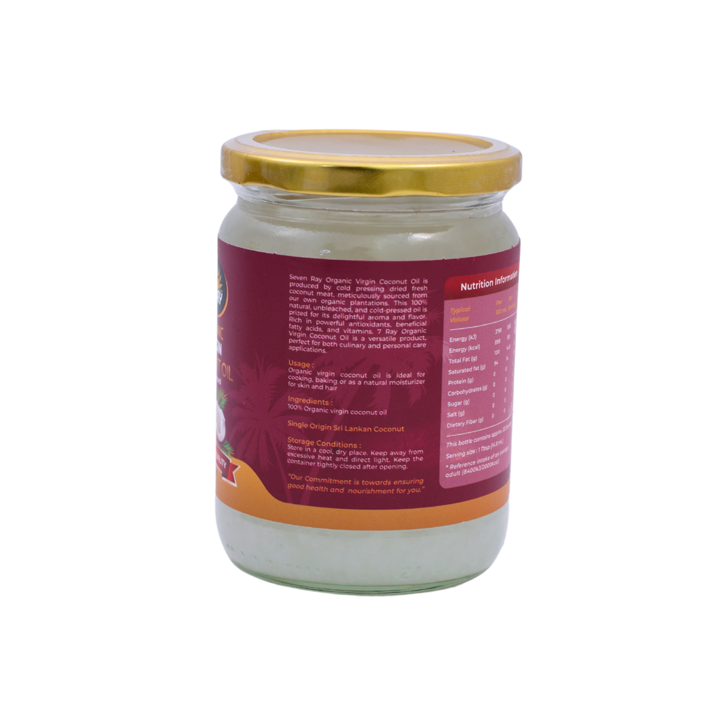 Back of the 7Ray Organic Virgin Coconut Oil 500ml pack showing the ingredients and cooking instructions