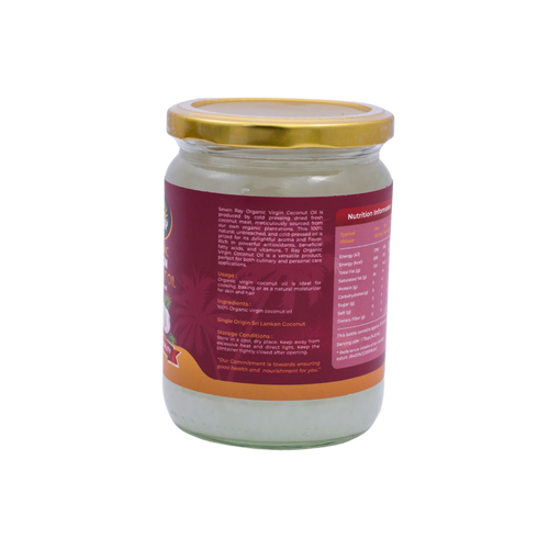 Back of the 7Ray Organic Virgin Coconut Oil 500ml pack showing the ingredients and cooking instructions