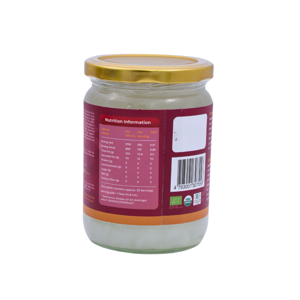 Nutrition information panel on the 7Ray Organic Virgin Coconut Oil 500ml pack