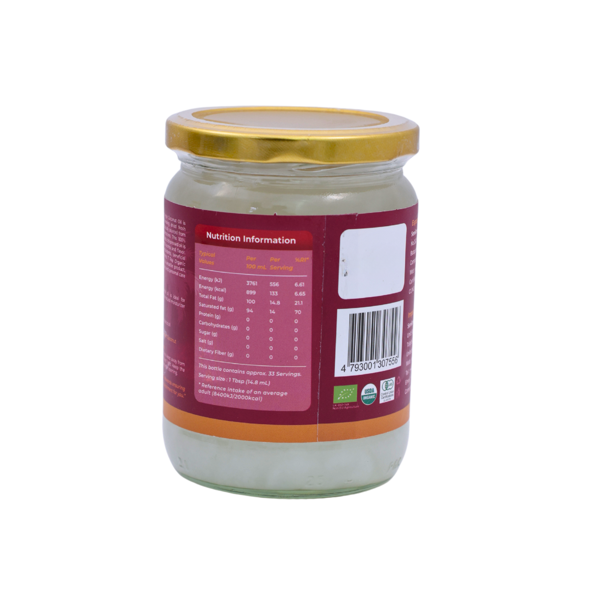 Nutrition information panel on the 7Ray Organic Virgin Coconut Oil 500ml pack