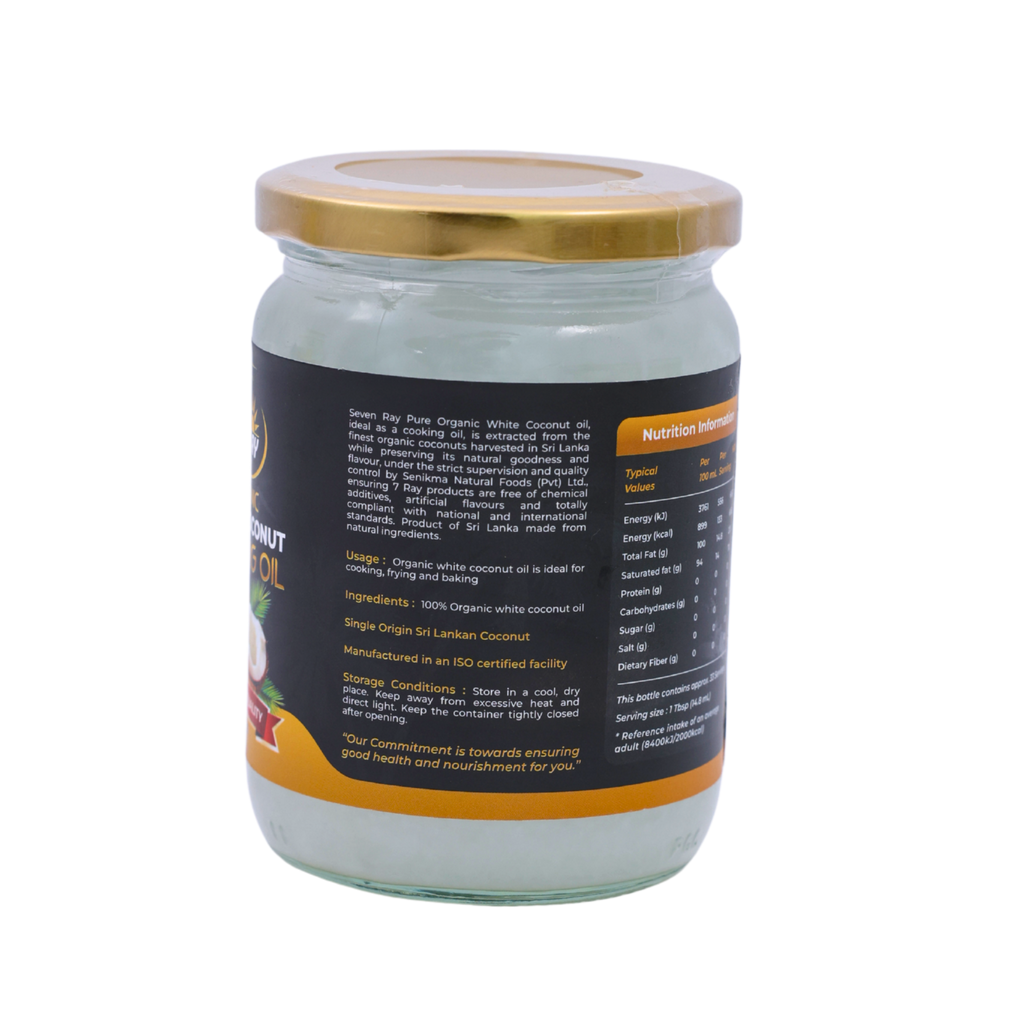 Back of the 7Ray Organic White Coconut Cooking Oil 500ml pack showing the ingredients and cooking instructions