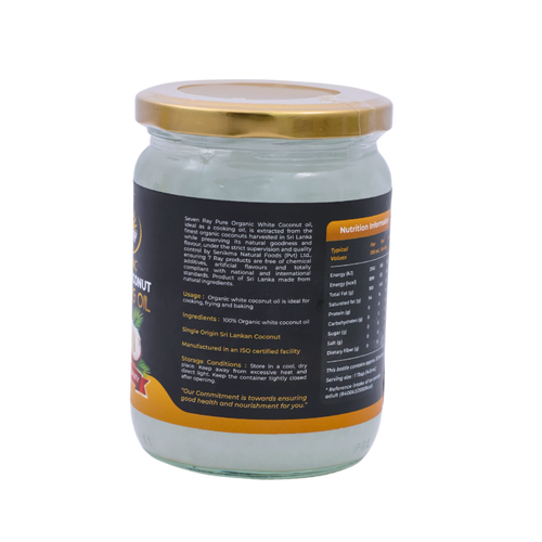 Back of the 7Ray Organic White Coconut Cooking Oil 500ml pack showing the ingredients and cooking instructions