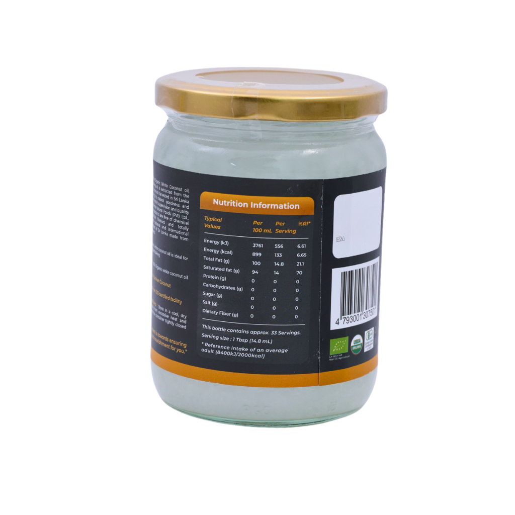 Nutrition information panel on the 7Ray Organic White Coconut Cooking Oil 500ml pack