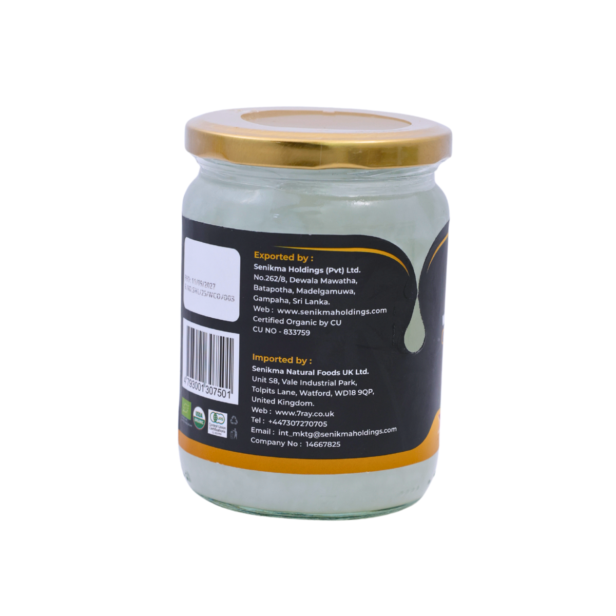 Side of the 7Ray Organic White Coconut Cooking Oil 500ml pack
