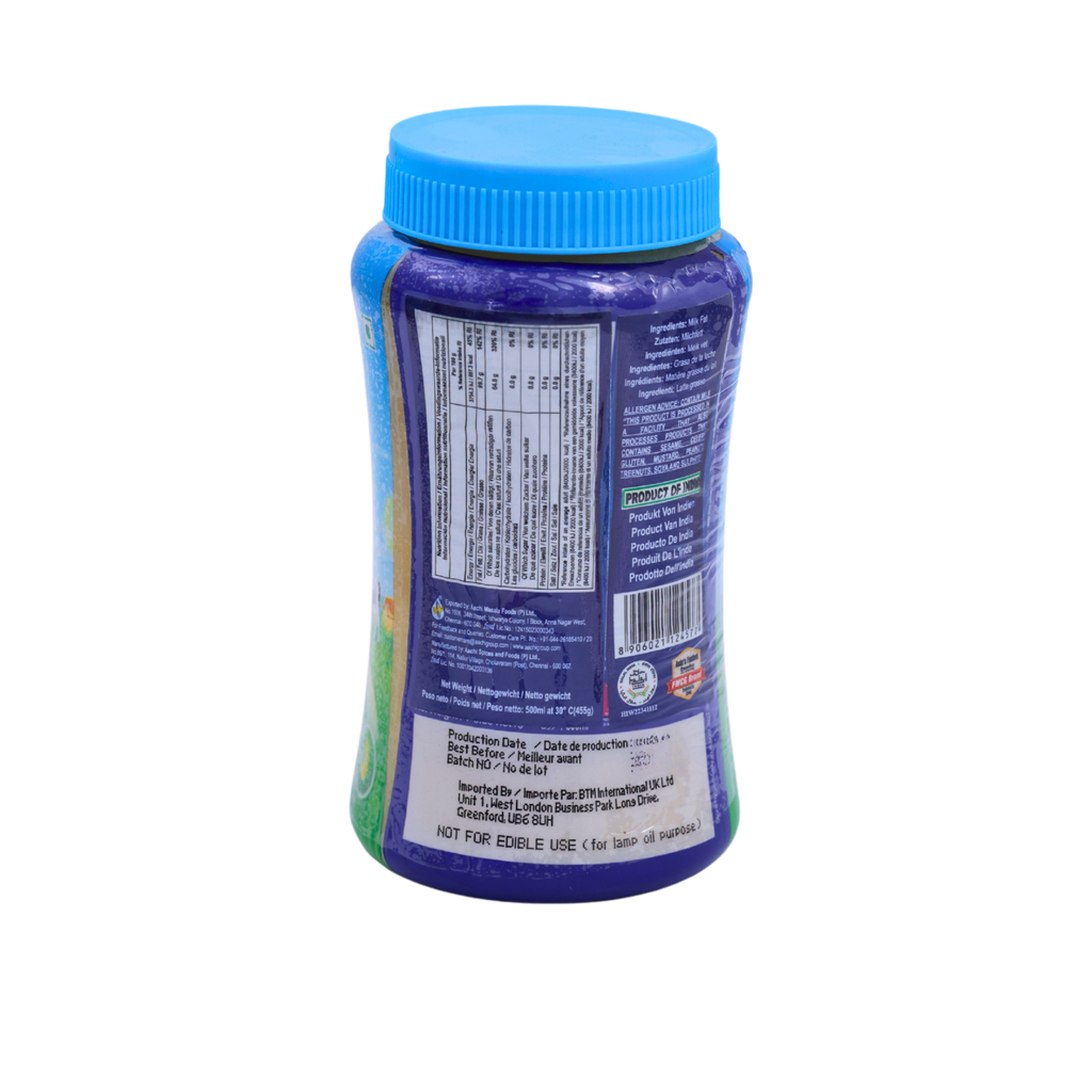 Nutrition information panel on the Aachi Ghee 500ml pack
