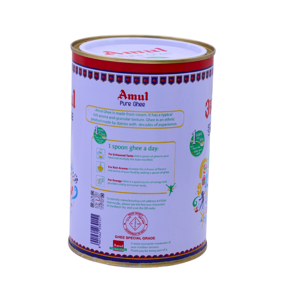 Back of the Amul Pure Ghee 1L pack showing the ingredients and cooking instructions