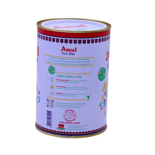 Back of the Amul Pure Ghee 1L pack showing the ingredients and cooking instructions