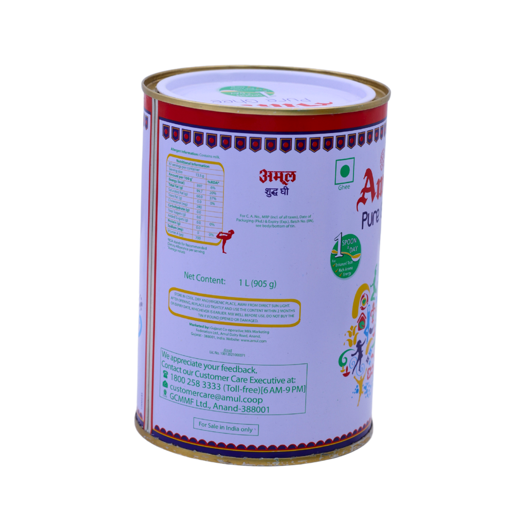 Nutrition information panel on the Amul Pure Ghee 1L pack