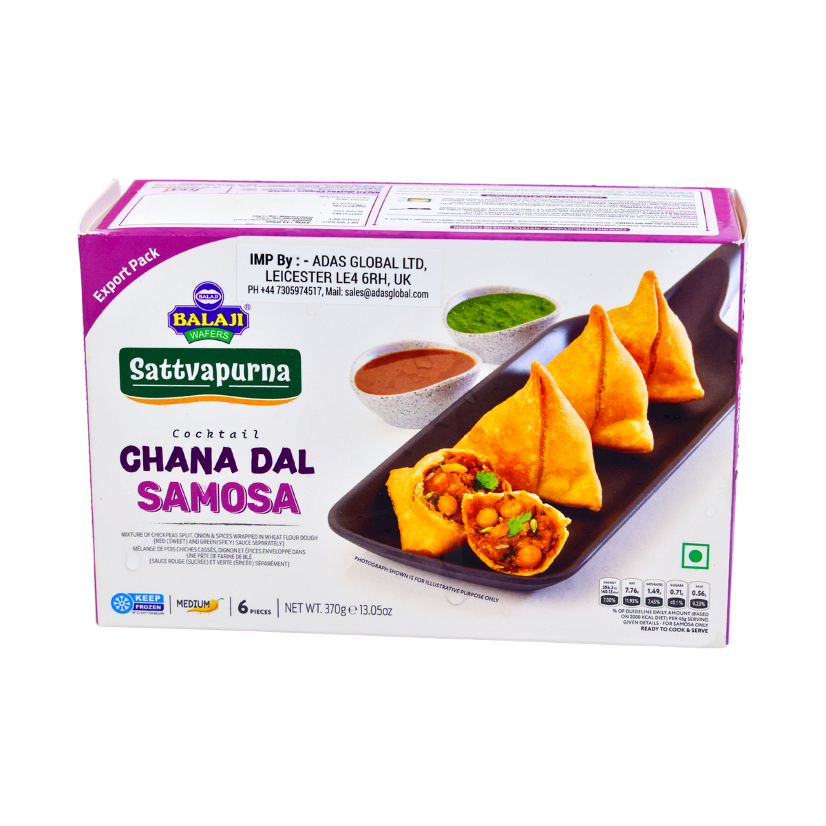 Balaji Sattvapurna Cocktail Chana Dal Samosa 6 Pieces 370g, front of pack