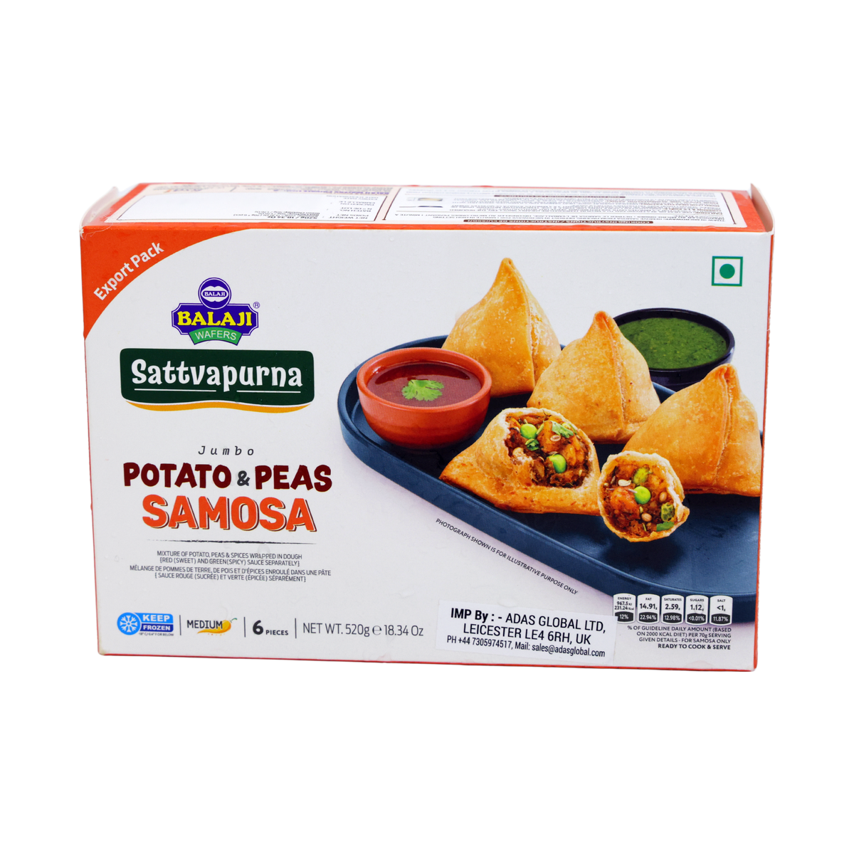Balaji Sattvapurna Jumbo Potato & Peas Samosa 6 Pieces 520g, front of pack