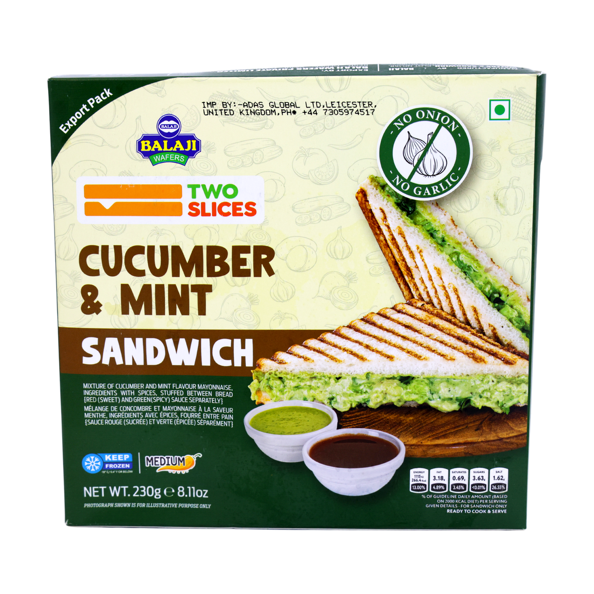 Balaji Two Slices Cucumber & Mint Sandwich 230g, front of pack