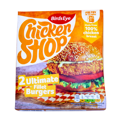 Birds Eye Chicken Shop 2 Ultimate Fillet Burgers, front of pack