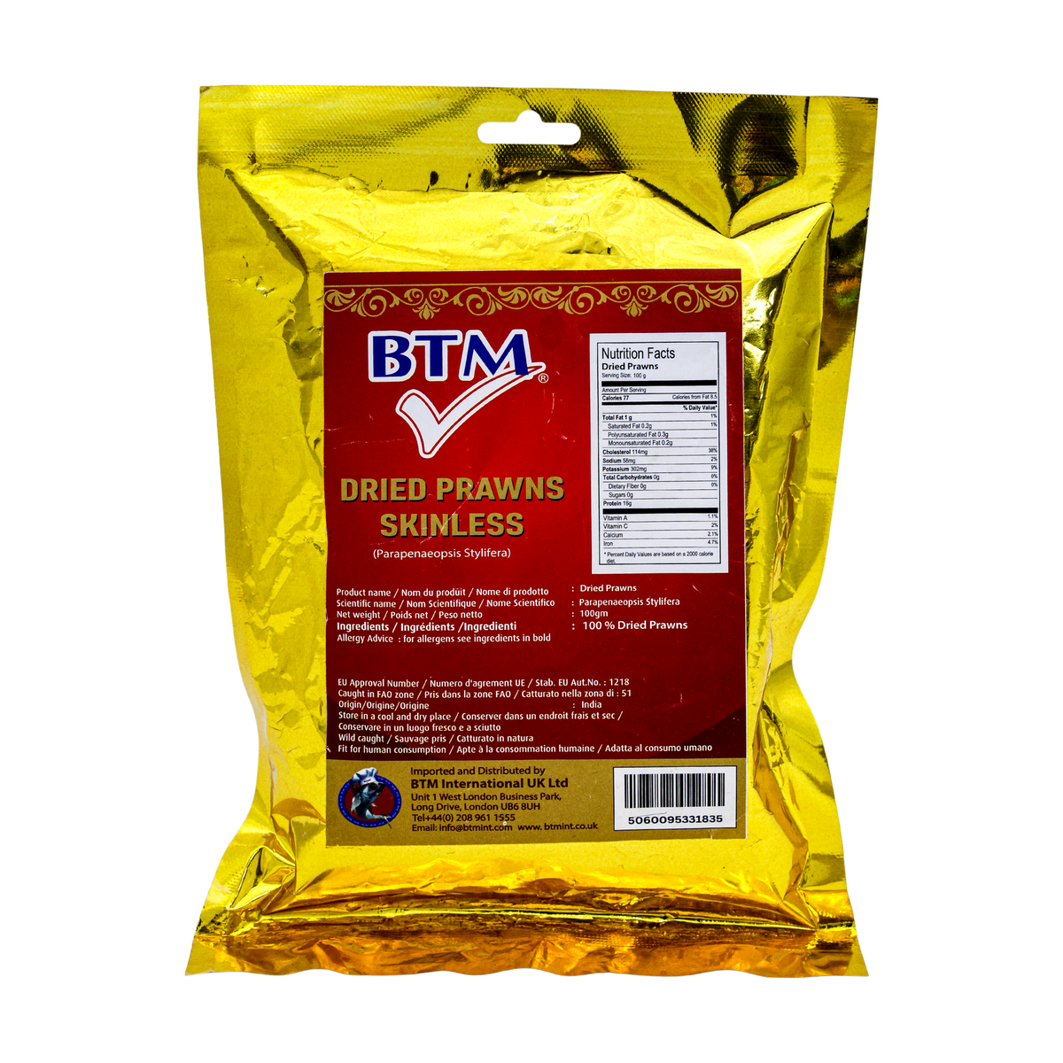BTM Dried Prawns Skinless 100g, front of pack