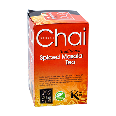 Chai Xpress Spiced Masala Tea 25 Tea Bags, front of pack