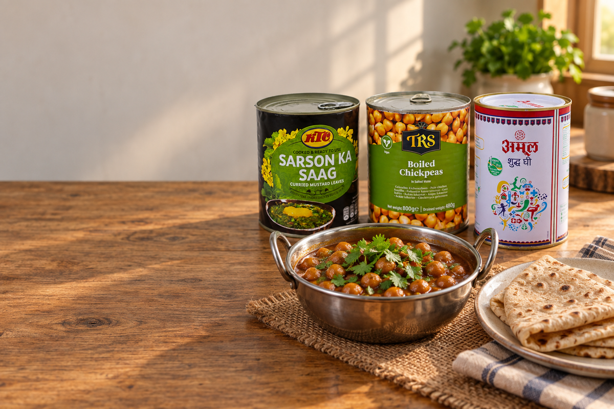 A bowl of chana masala and rotis on a wooden table with tins of saag, chickpeas and ghee behind