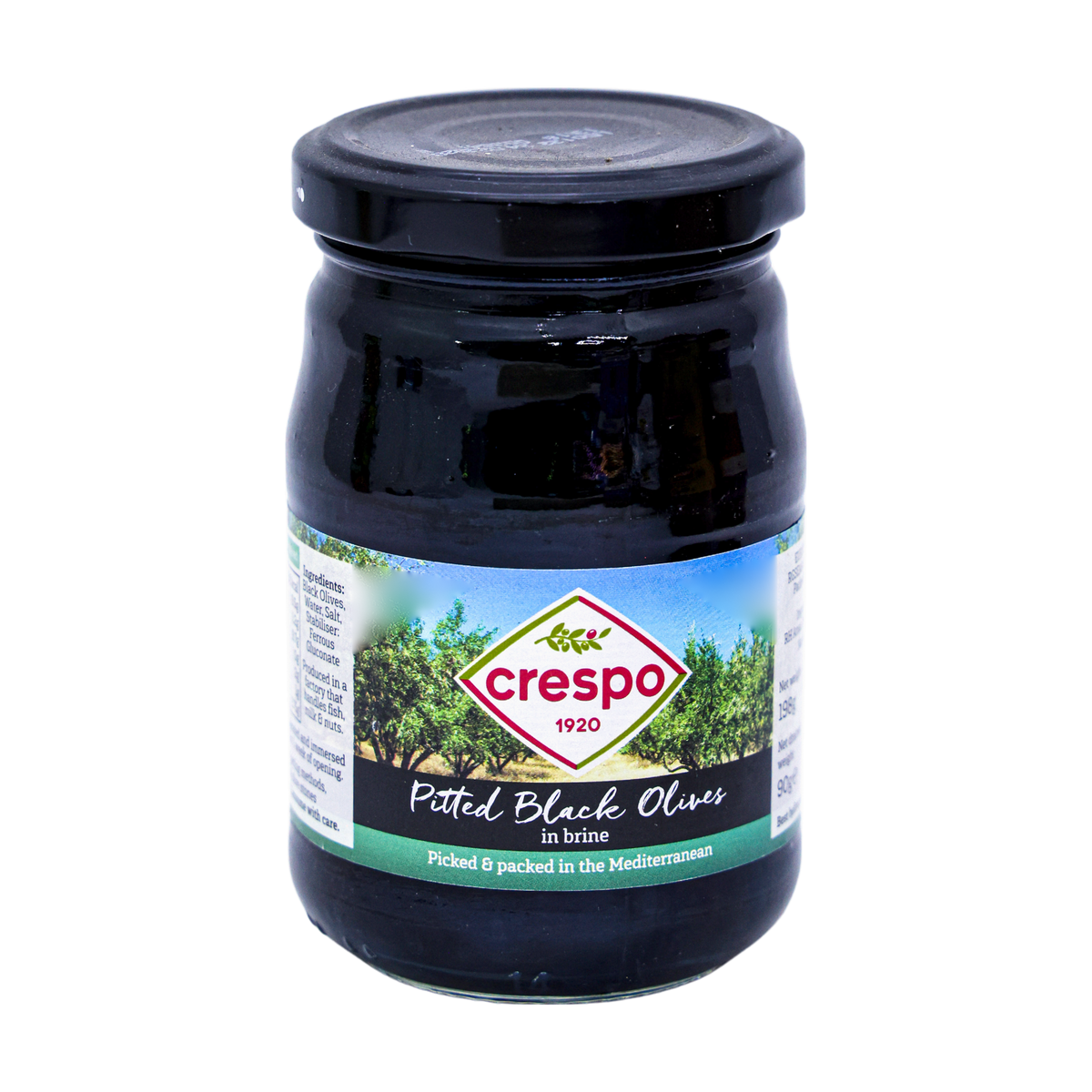 Crespo Pitted Black Olives In Brine 198g, front of pack