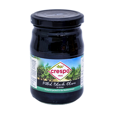 Crespo Pitted Black Olives In Brine 198g, front of pack