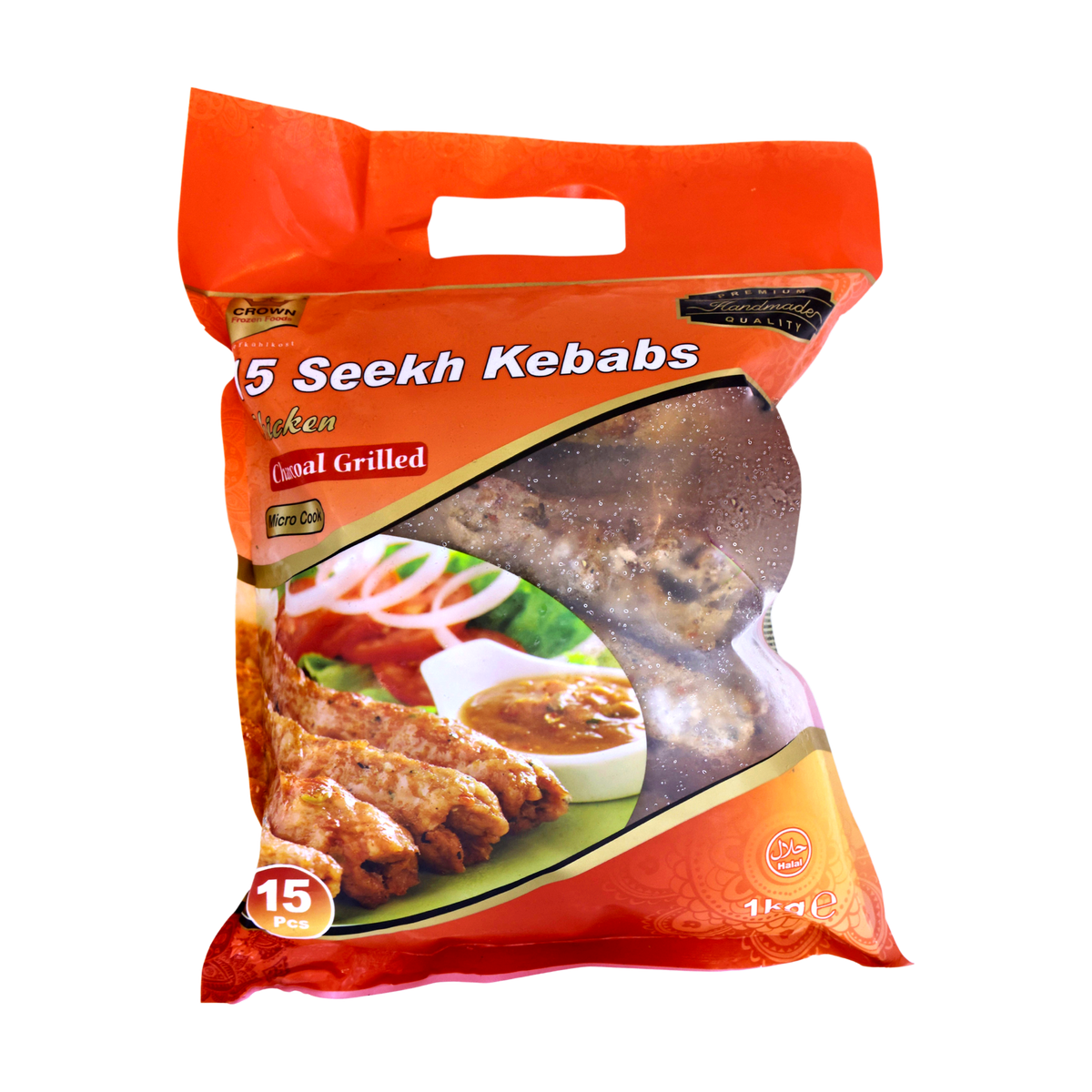 Crown Chicken Seekh Kebabs Charcoal Grilled 15 Pieces 1kg, front of pack