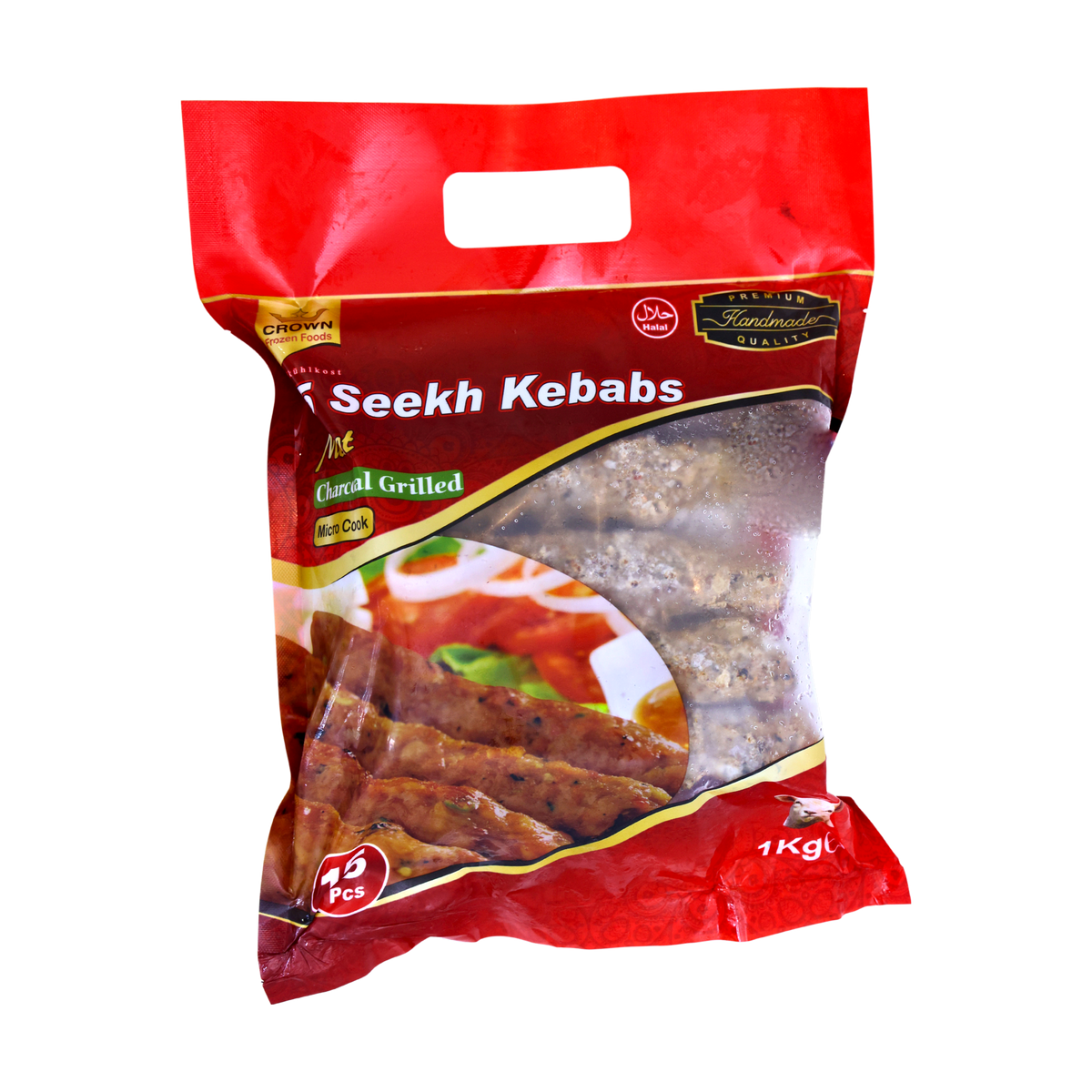 Crown Meat Seekh Kebabs Charcoal Grilled 15 Pieces 1kg, front of pack