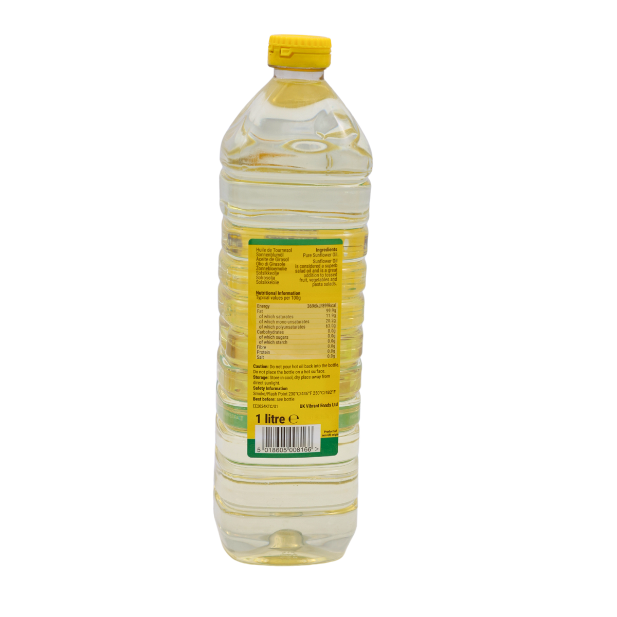 Back of the East End Pure Sunflower Oil 1L pack showing the ingredients and cooking instructions