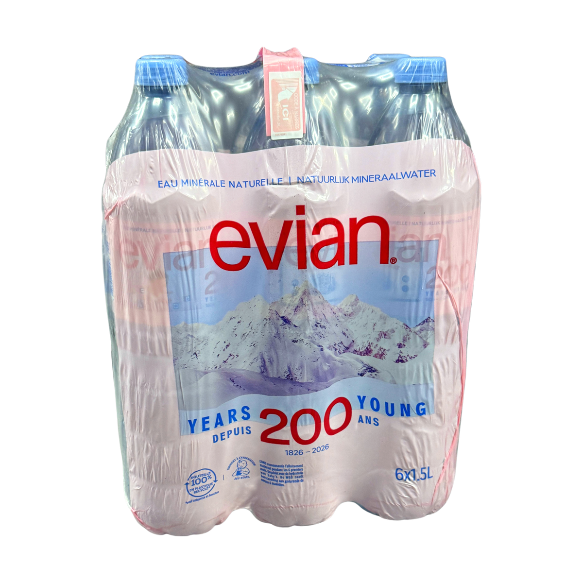 Evian Natural Mineral Water 6 x 1.5L, front of pack