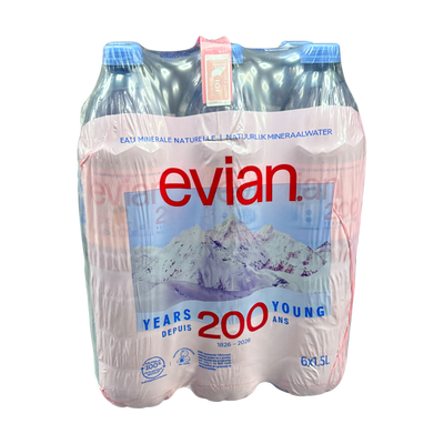 Evian Natural Mineral Water 6 x 1.5L, front of pack