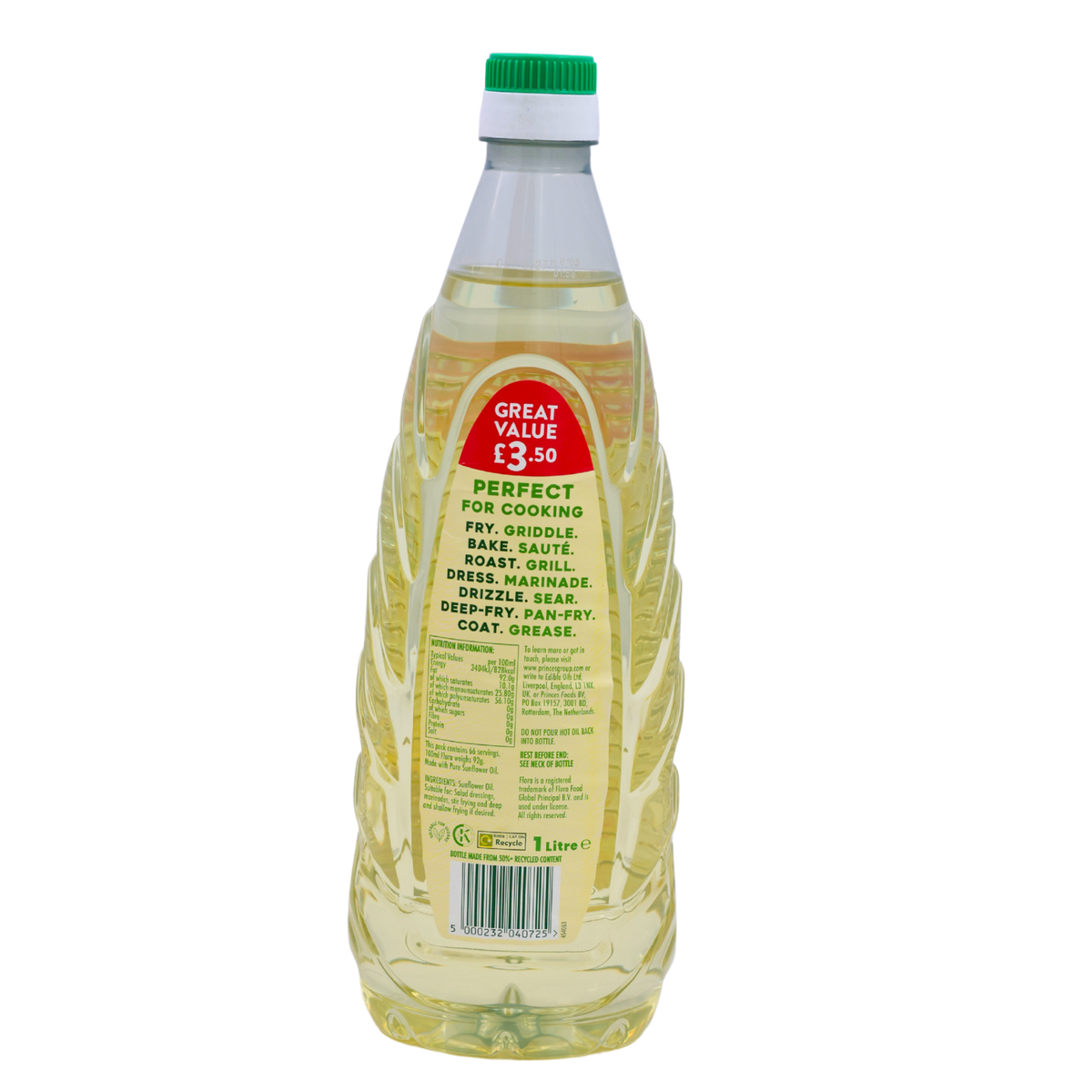 Back of the Flora Pure Sunflower Oil 1L pack showing the ingredients and cooking instructions
