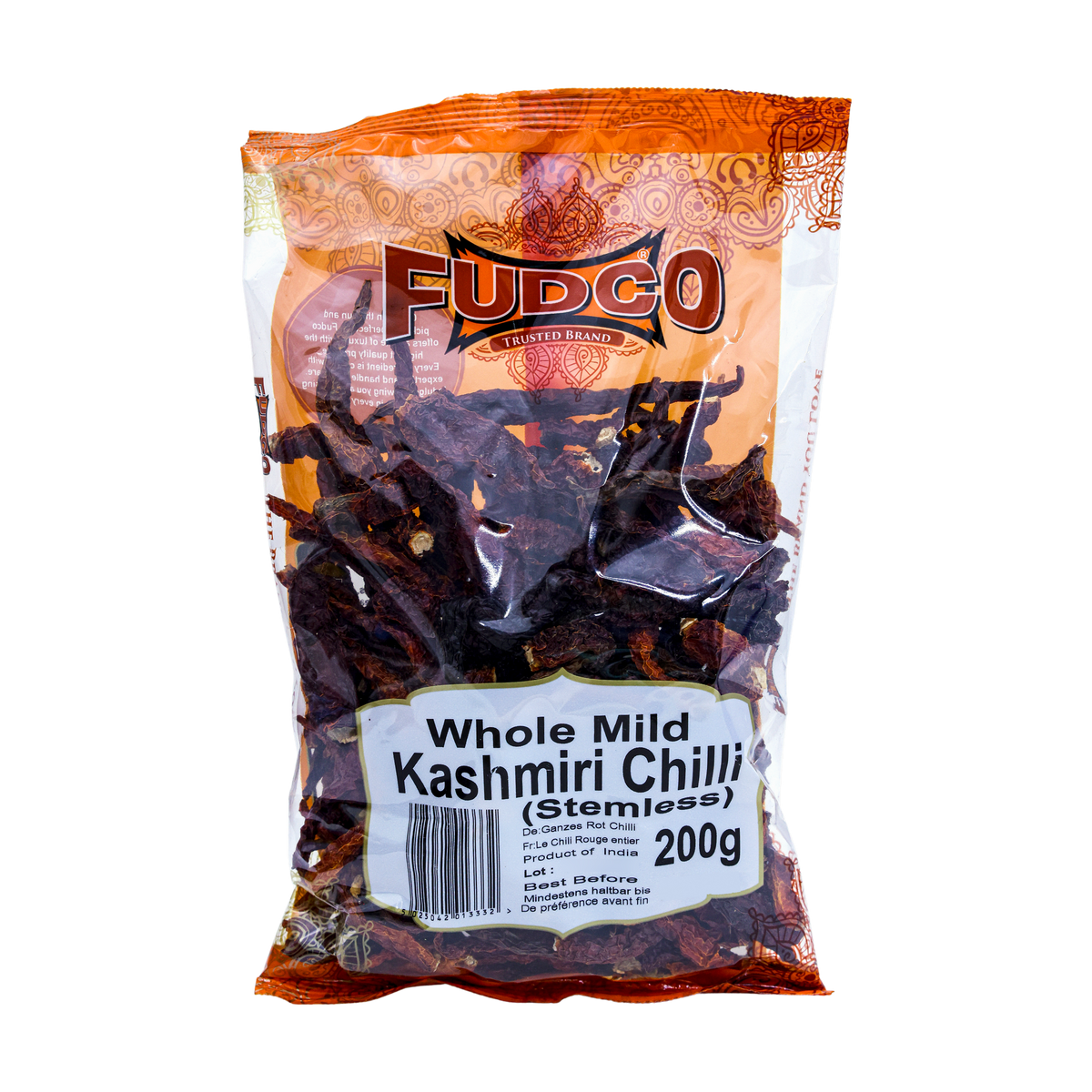 Fudco Whole Mild Kashmiri Chilli Stemless 200g, front of pack