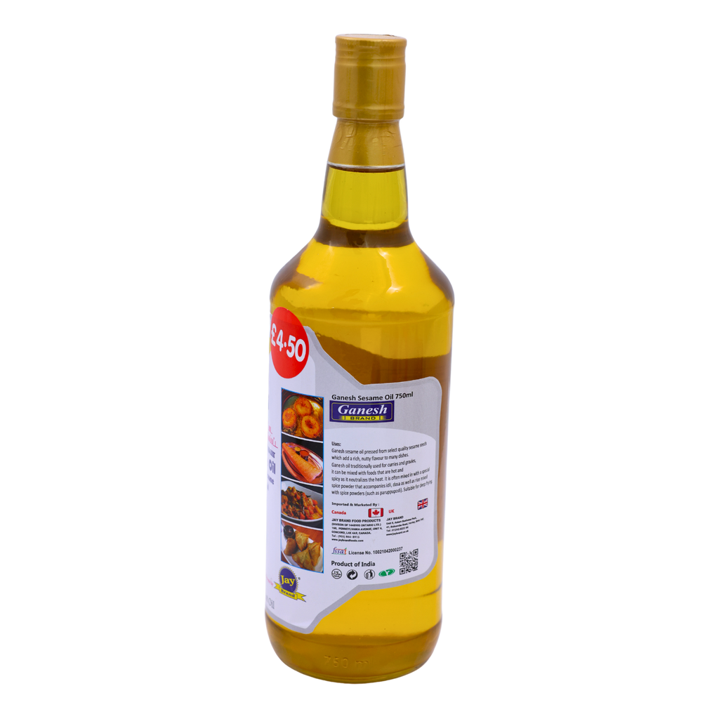 Back of the Ganesh Sesame Oil 750ml pack showing the ingredients and cooking instructions