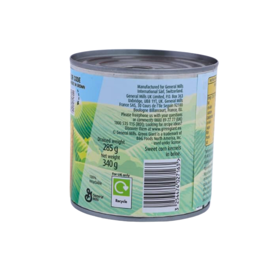 Back of the Green Giant Original Sweetcorn 340g pack showing the ingredients and cooking instructions