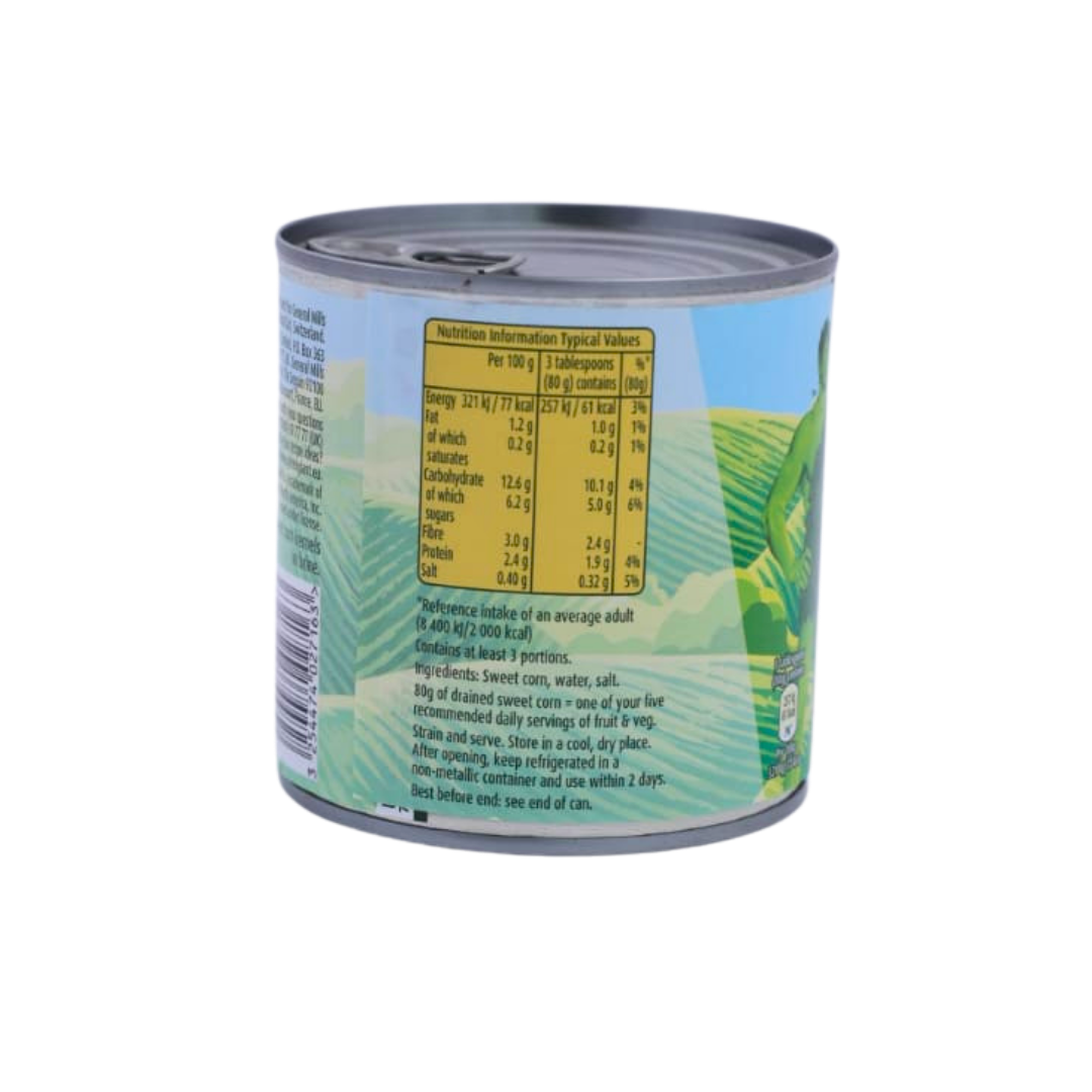Nutrition information panel on the Green Giant Original Sweetcorn 340g pack