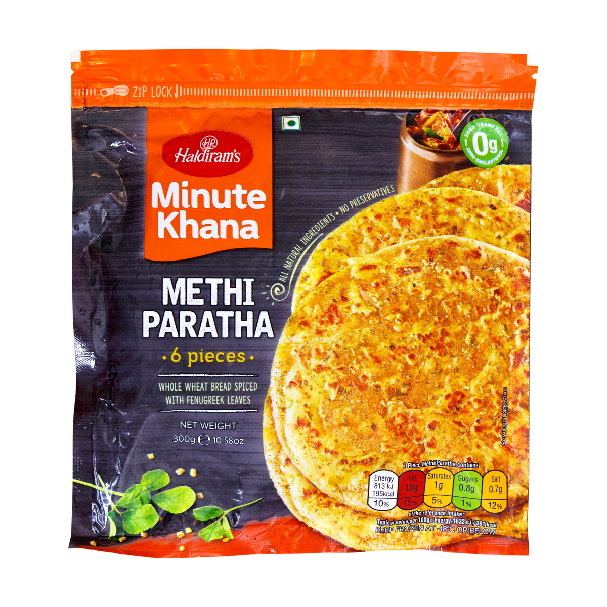 Haldiram's Minute Khana Methi Paratha 6 Pieces 300g, front of pack