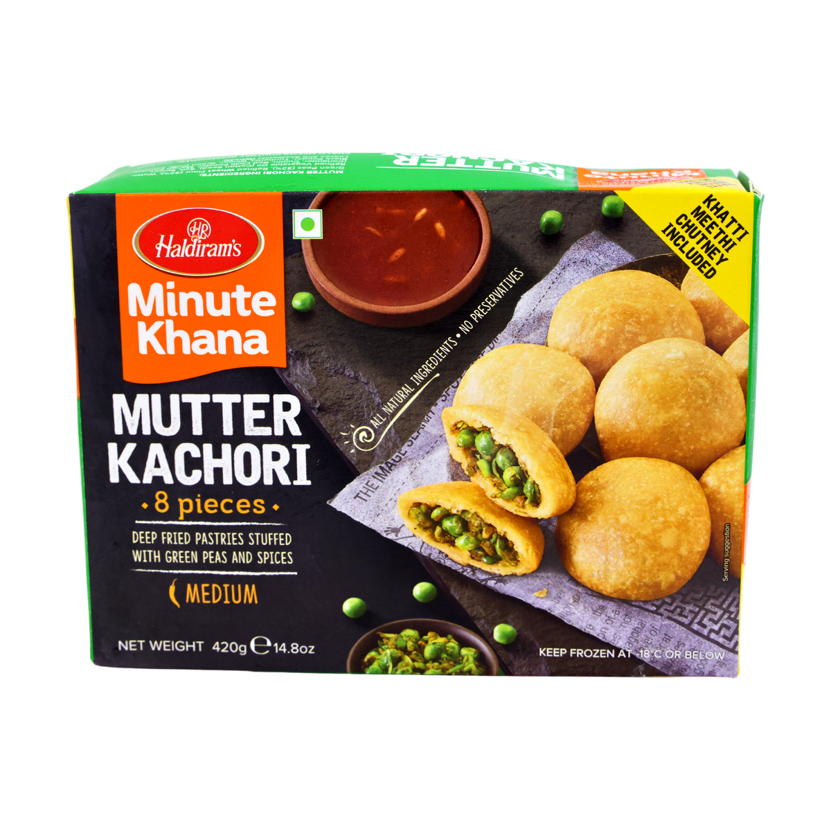 Haldiram's Minute Khana Mutter Kachori 8 Pieces 420g, front of pack