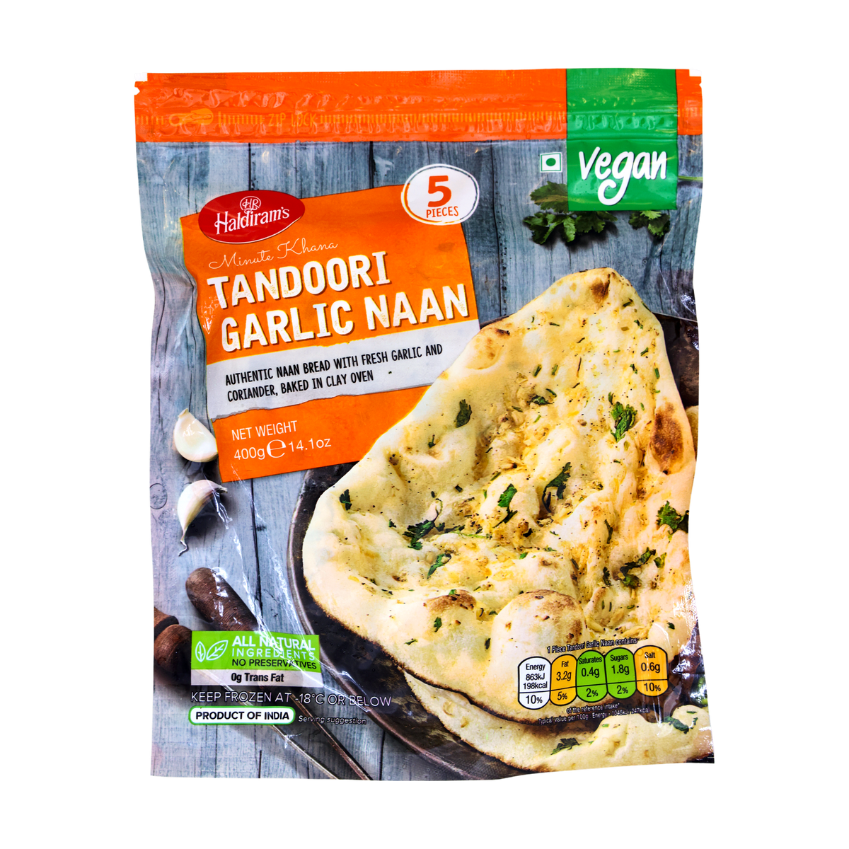 Haldiram's Minute Khana Tandoori Garlic Naan 5 Pieces 400g, front of pack