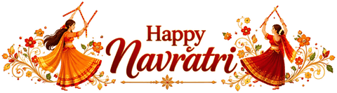 Happy Navratri, with two garba dancers holding dandiya sticks