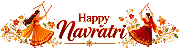 Happy Navratri, with two garba dancers holding dandiya sticks