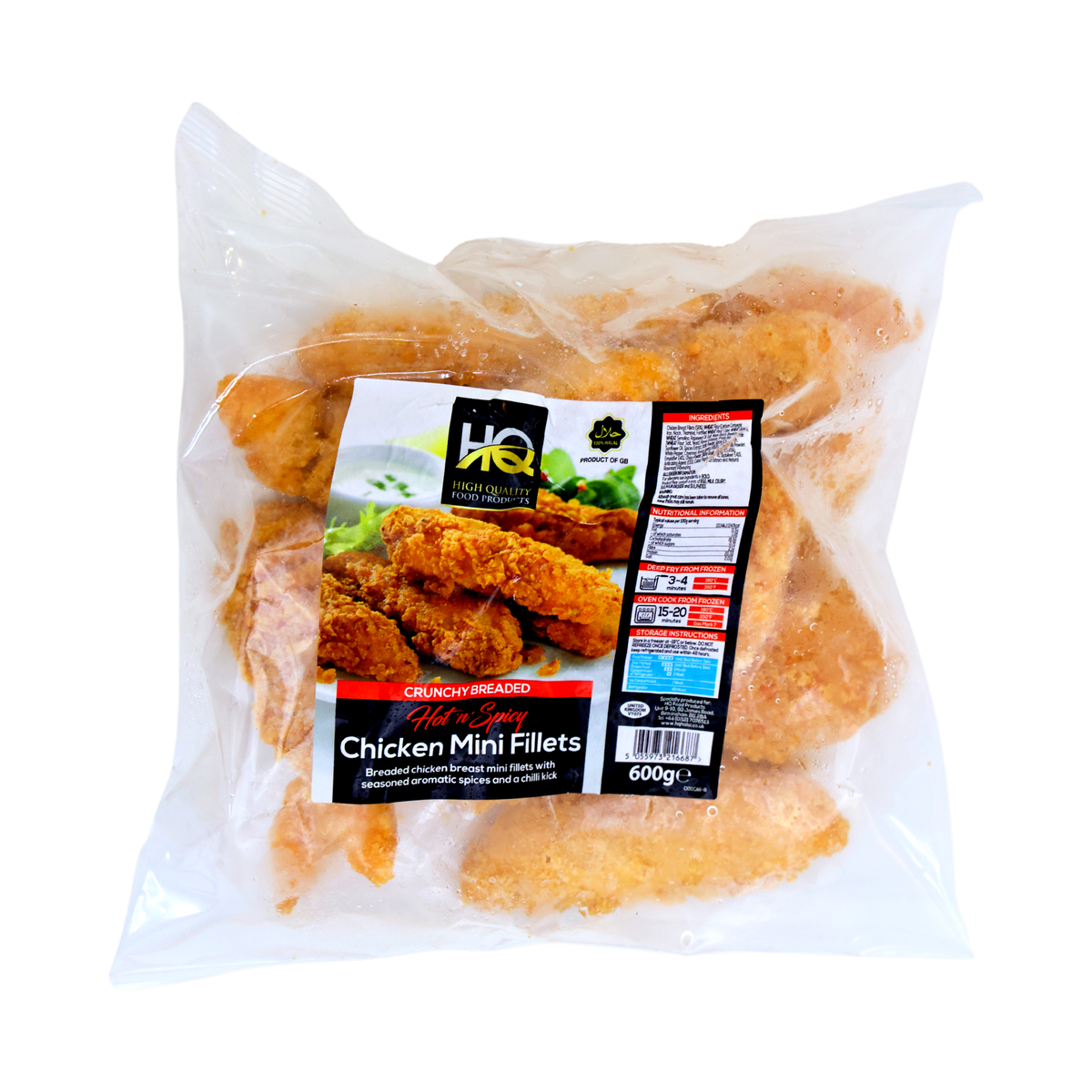 HQ Crunchy Breaded Hot 'n' Spicy Chicken Mini Fillets 600g, front of pack
