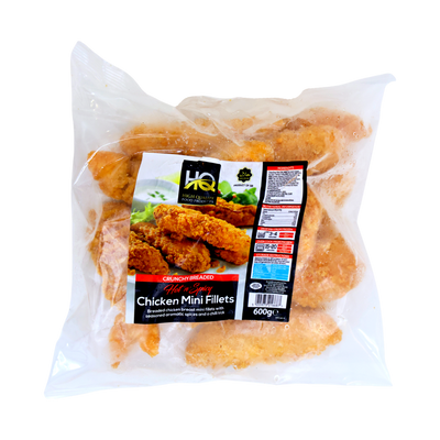 HQ Crunchy Breaded Hot 'n' Spicy Chicken Mini Fillets 600g, front of pack