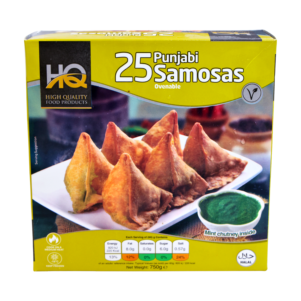 HQ Punjabi Samosas with Mint Chutney 25 Pieces 750g, front of pack